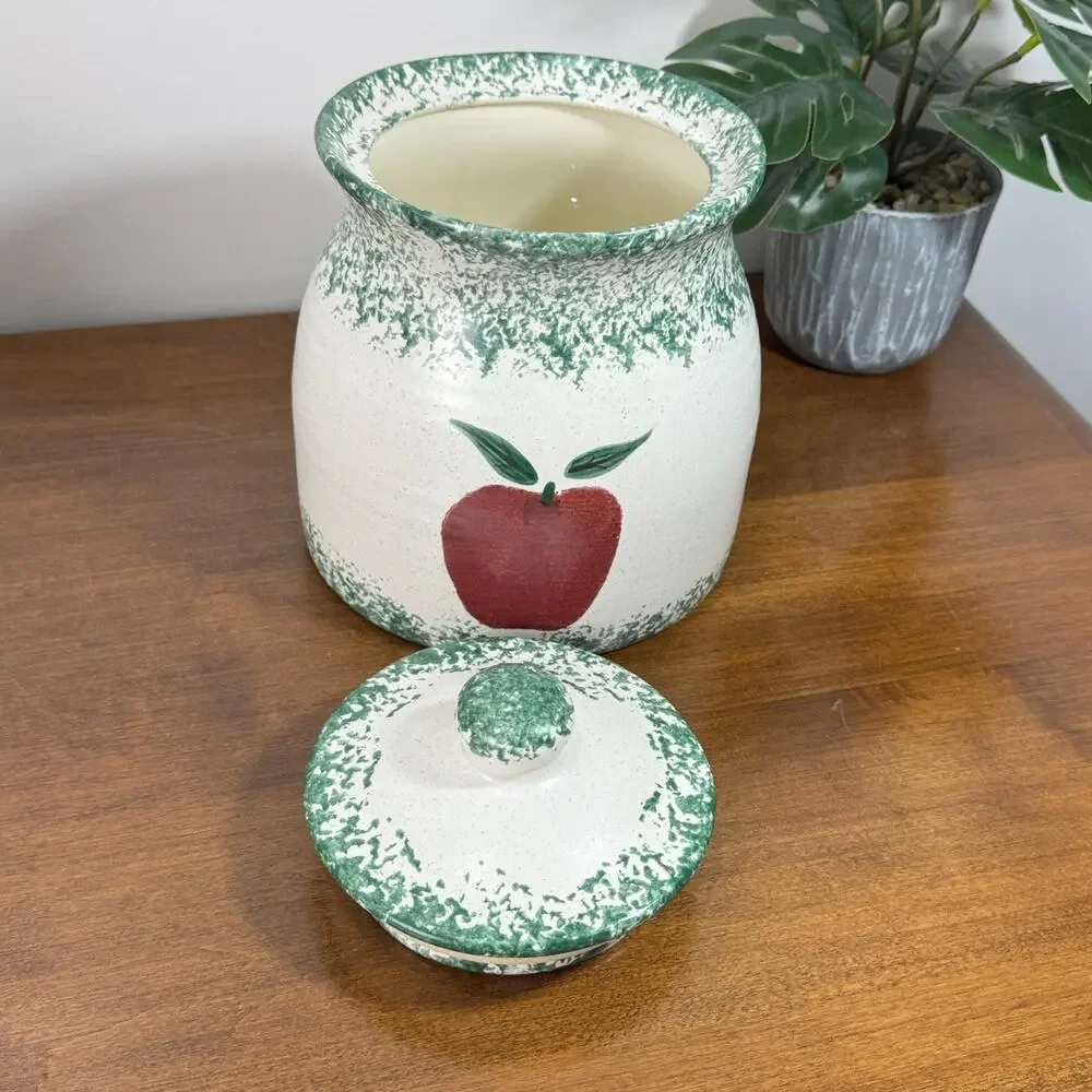 Vintage 80s Apple Cookie Jar Canister Large Size Green Spongeware Ceramic Signed